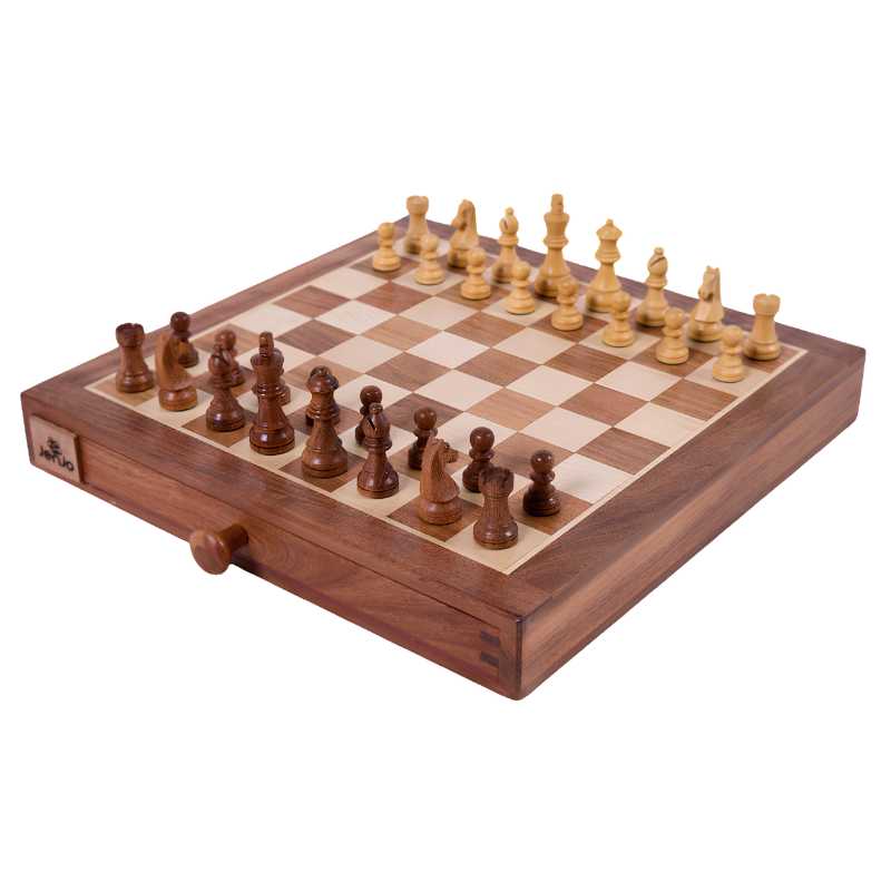 Chess And Checkers 7 wooden chess board with draw setup with wooden chess pieces on top