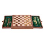 Chess And Checkers 6 wooden chess board setup with wooden checkers and both draws open