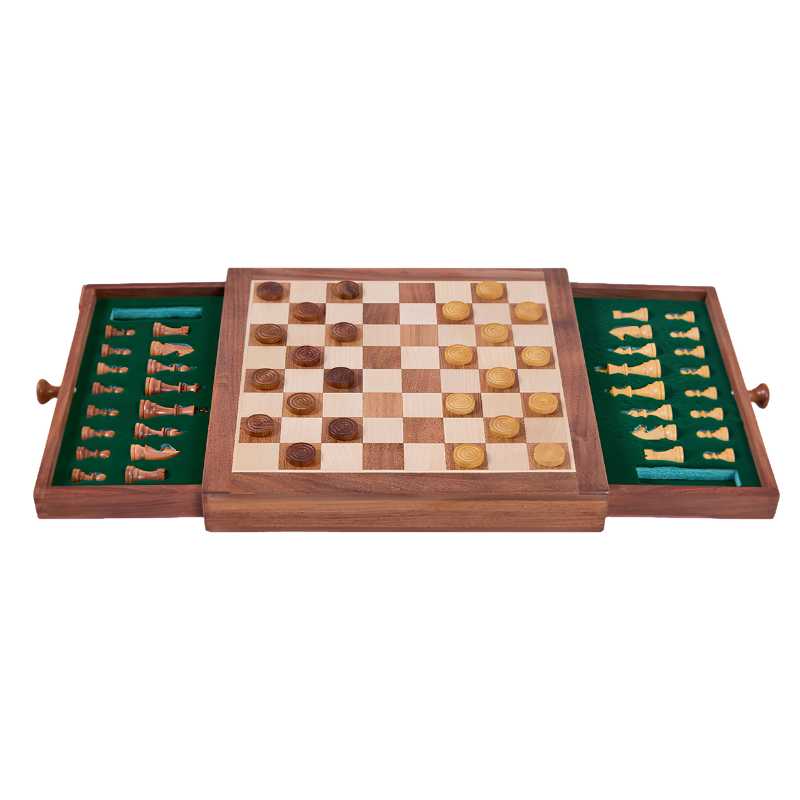 Chess And Checkers 6 wooden chess board setup with wooden checkers and both draws open