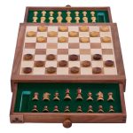 Chess And Checkers 5 wooden chess and chckers board setup with wooden checkers and both draws open