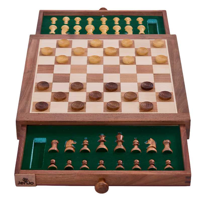 Chess And Checkers 5 wooden chess and chckers board setup with wooden checkers and both draws open