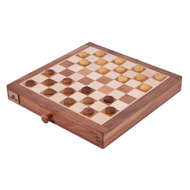 Chess And Checkers 2 wooden checkers board setup facing on an angle