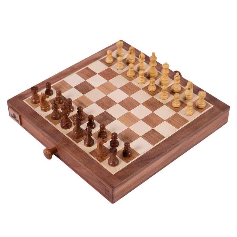 Chess And Checkers 8 wooden chess board setup with wooden chess pieces on top