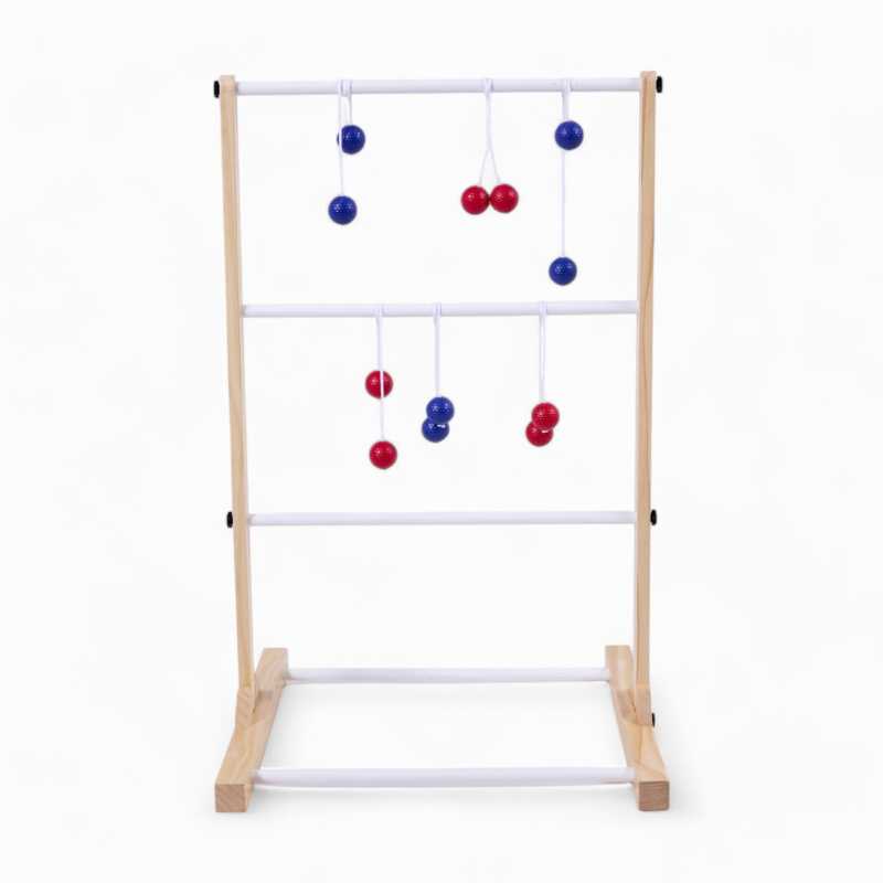LADDER BALL two ply wood sides held up buy 5 bit sof dowels acting as supports and objectives for the balls to hang off