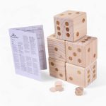 five wooden dice stacked together beside the instructions and tokens