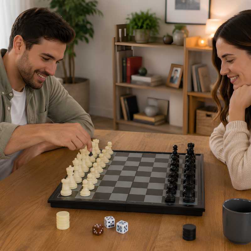 Chess Magnetic Lifestyle 1 two adults playing magnetic chess on a table