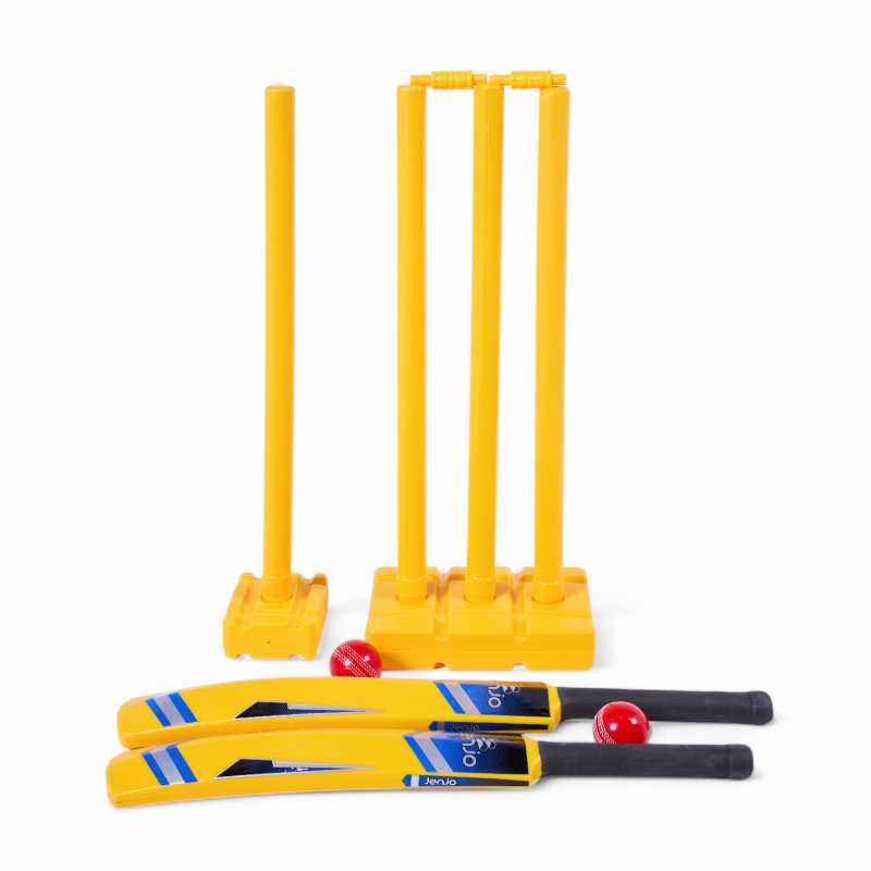 set of three wickets with two bales, a single wicket, two bats, and two red cricket balls